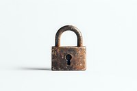 Vintage rusty padlock with keyhole isolated on white background, showing weathered metal texture and aged patina. Symbolizes security, privacy and protection.