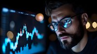 Young bearded Caucasian businessman in glasses analyzing financial market data on digital screen with blue glowing charts and trading indicators in dark office environment.