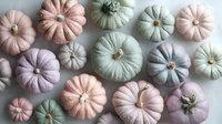 Assortment of pastel-colored decorative pumpkins in soft pink, lavender, and sage green tones arranged on white background for seasonal autumn decor.