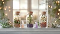 Glass jars with dried herbs, crystals and natural elements on wooden surface against window with bokeh lights, creating magical botanical atmosphere.