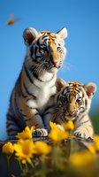 Young Bengal tiger cubs sitting among yellow flowers against bright blue sky, wildlife portrait showing curious expression and natural hunting behavior.