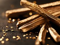 Scattered golden sticks and fragments on dark background with bokeh lights and metallic shine, creating luxury minimalist composition for jewelry or premium design.
