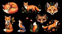 Cute fox character collection with autumn foliage elements, isolated on transparent background. Ready for t-shirt designs, stickers, clipart, sublimation, print-on-demand products and digital crafts.