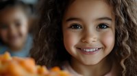 Cheerful mixed race girl with curly hair and bright smile enjoying healthy orange fruit snack, childhood nutrition and healthy eating habits concept.