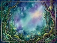 Enchanted forest clearing with twisted trees framing a mystical starry sky in shades of purple, blue, and green. Magical woodland scene for fantasy and nature designs.