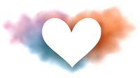 White heart shape on colorful watercolor background with pink orange blue gradient splash. Isolated design element for romantic greeting cards.