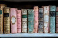 Row of vintage antique books with ornate spines in pastel pink, blue and neutral colors on wooden shelf, showing aged leather bindings and decorative details.