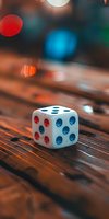 White dice with red and blue dots on wooden surface against blurred colorful bokeh background, representing chance and gaming concepts.