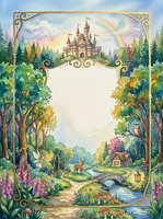 Watercolor fairy tale frame with castle, rainbow, forest, deer, fairy, owl, and cottage, featuring a blank center for text or invitation design.