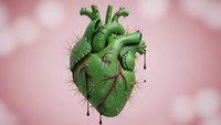 Green cactus heart with spines and dripping blood on pink background. Surreal anatomical art for medical education, gothic design, and creative projects.