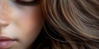 Close up portrait fragment showing natural makeup, plump lips, freckled skin and flowing brown hair against neutral background. Cropped beauty shot.