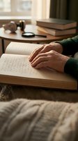 Elderly hands reading braille book in cozy home setting with warm natural light streaming through window creating peaceful learning atmosphere.