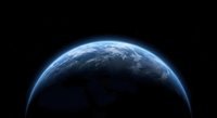Planet Earth from space with glowing atmosphere against black cosmic background showing continents and oceans for environmental and astronomy concepts.