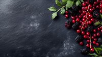 Fresh blackberries and red currants with green leaves arranged on dark slate background, top view with copy space for food photography and design.