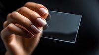 Female hand with manicured pink nude nails holding clear transparent glass or acrylic plate against dark background, demonstrating professional presentation or laboratory research.