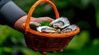 Fresh oysters served in wicker basket with green herbs and ice, hands holding seafood arrangement against natural green background. Gourmet food presentation.