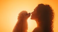 Young Hispanic woman with curly hair and small dog silhouetted against warm orange sunset background showing tender moment between pet owner and companion.