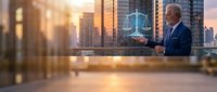 Senior businessman holding digital justice scales hologram on city rooftop at sunset. Corporate law technology concept for legal services and judicial system.