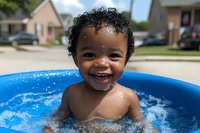 Happy African American toddler playing and splashing in blue inflatable pool on sunny summer day, showing pure joy and excitement with bright smile.