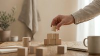 Hand placing wooden block on pyramid stack, representing business growth, strategy, and success in corporate development and planning.