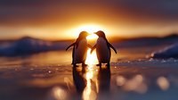Two penguins silhouetted against golden sunset sky, standing close together on icy surface with glowing bokeh reflections creating romantic atmosphere.