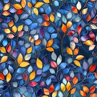 Seamless floral pattern with vibrant autumn leaves in blue, orange, yellow and red tones on dark background. Decorative botanical motif creates continuous repeat.