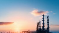 Industrial oil refinery silhouettes against dramatic sunset sky with orange clouds and blue gradient background. Chemical processing plant at dusk.