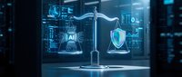 Digital scales balancing AI technology and cybersecurity shield in futuristic data center environment for tech presentations and security concepts.