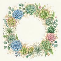 Succulent plants and botanical foliage arranged in a circular frame with empty center space, ideal for greeting cards, invitations, and design projects.