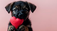Adorable black mixed breed puppy holding red heart plush toy against pink background, looking at camera with sweet expression. Pet love concept for Valentine's day cards.