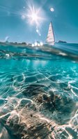 Split-view underwater shot of sailboat against bright sun on turquoise ocean surface, with sunlight rays penetrating crystal clear waters and rocky seabed visible below.