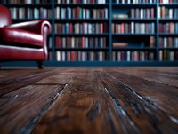 Rustic wooden floor perspective with burgundy leather armchair and library bookshelves background, creating cozy reading atmosphere for interior design concepts.