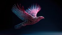 Glowing wireframe dove in flight with pink and blue neon light effect against dark background, symbolizing peace, freedom and digital transformation.