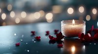 Romantic candle glowing with warm flame surrounded by red rose petals on dark surface with soft bokeh lights creating intimate atmosphere for love celebration.