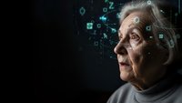 Senior Caucasian woman with digital technology icons and data streams around her head representing artificial intelligence and modern tech integration.