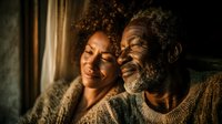 Elderly African American couple sharing intimate moment by window, warm golden light creating cozy atmosphere for relationship and love concepts.