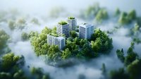 Modern residential buildings surrounded by lush green forest and morning fog, showcasing sustainable urban development concept in natural environment.