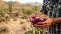 Farmer holding freshly harvested prickly pear cactus fruits in desert field with mountains in background. Agricultural harvest concept.