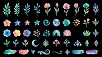 Watercolor botanical elements, flowers, leaves, and abstract shapes isolated on transparent background. Ready for t-shirt design, clipart, stickers, sublimation, and print-on-demand projects.
