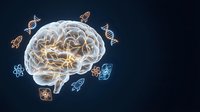 Human brain with glowing neural networks surrounded by floating DNA strands and molecular structures on dark background for medical education.