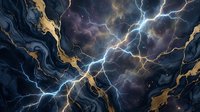 Dramatic lightning bolts illuminate swirling storm clouds with golden accents in dark turbulent sky. Electric energy discharge creates powerful atmospheric scene.