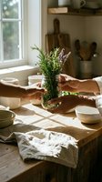 Hands holding glass jar with fresh rosemary and lavender herbs on rustic wooden kitchen table with natural sunlight streaming through window.