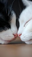 Close-up of black and white cat noses touching in tender moment against blurred background, showing whiskers and facial features in intimate feline portrait.