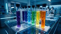 Colorful chemical solutions in test tubes arranged in laboratory setting for scientific research and experimentation purposes.
