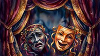 Ornate theatrical masks depicting tragedy and comedy with golden embellishments displayed against luxurious burgundy velvet curtains and draped fabric backdrop for performing arts productions.