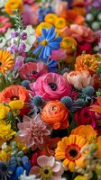 Vibrant spring flower arrangement featuring colorful ranunculus, dahlias, cosmos, and thistle blooms. Perfect for wedding floristry, greeting cards, and seasonal celebration designs.