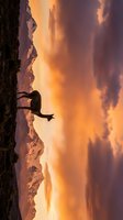 Silhouette of woman practicing yoga on mountain cliff at dramatic sunset with orange purple sky and snow-capped peaks for wellness meditation concepts.