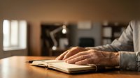Elderly man's hands resting on an open notebook at a wooden desk in a warm, dimly lit study room.