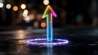 Glowing neon arrow pointing upward emerges from illuminated circle on dark reflective surface with blurred bokeh lights in background, suggesting growth and progress.