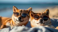 Two adorable Shiba Inu dogs wearing sunglasses relaxing on sandy beach during golden hour sunset. Summer vacation concept with pets enjoying seaside holiday.